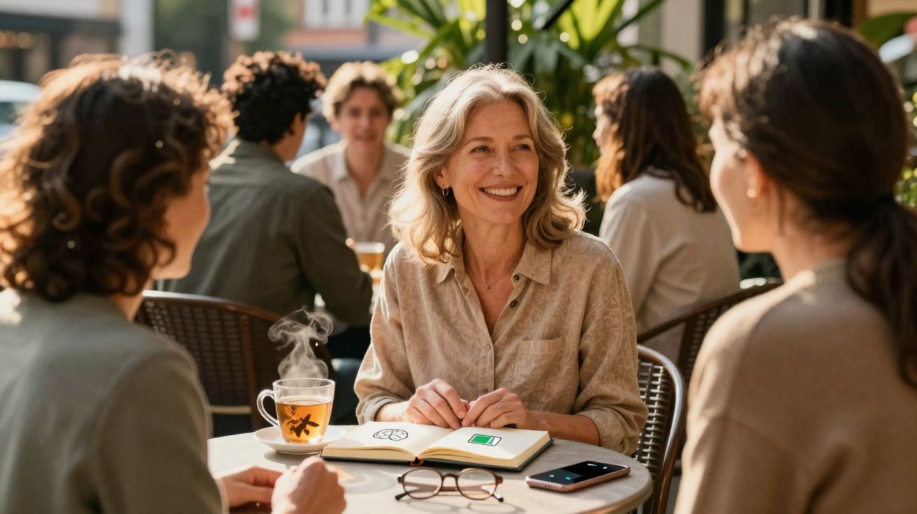 Três mulheres conversando e sorrindo em mesa de cafeteria ao ar livre, com chá e livro aberto.