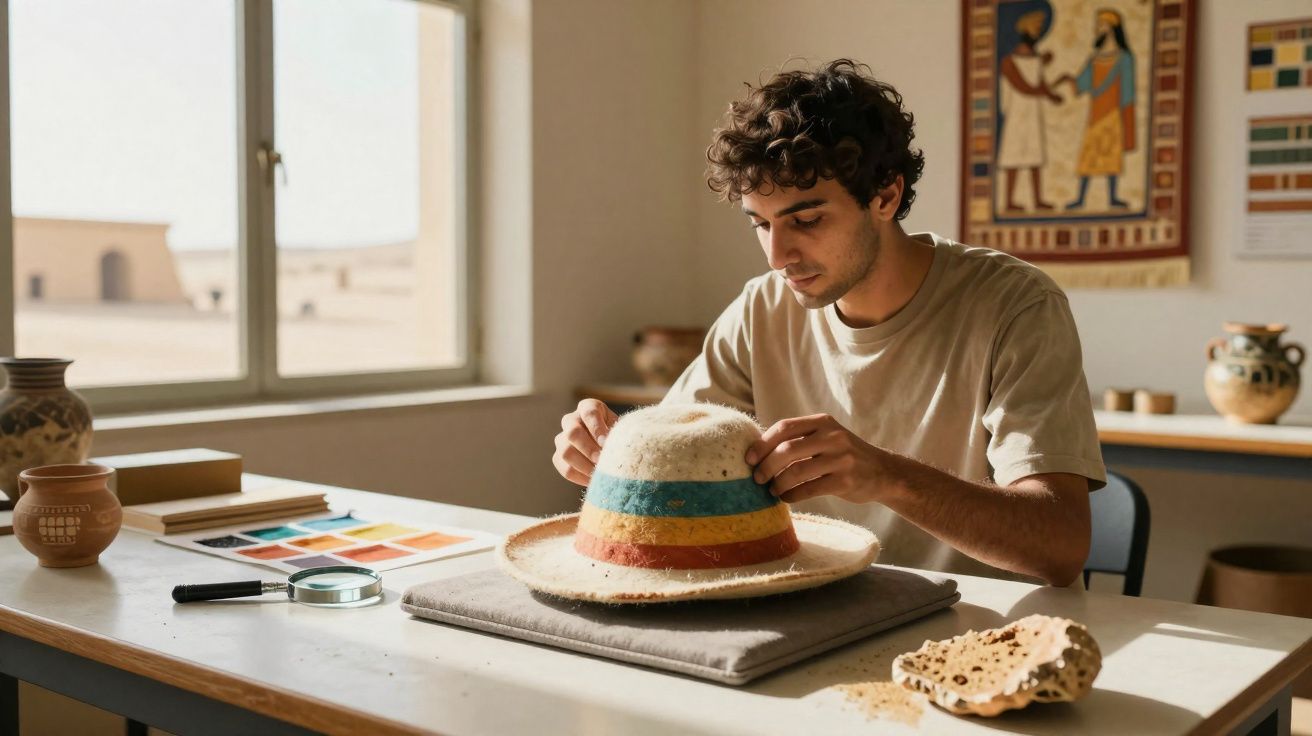 Homem trabalhando cuidadosamente em chapéu com listras coloridas em ambiente com objetos antigos.