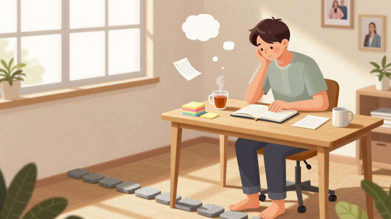 Pessoa sentada estudando em mesa de madeira, com xícara de chá quente, pensando e parecendo concentrada.