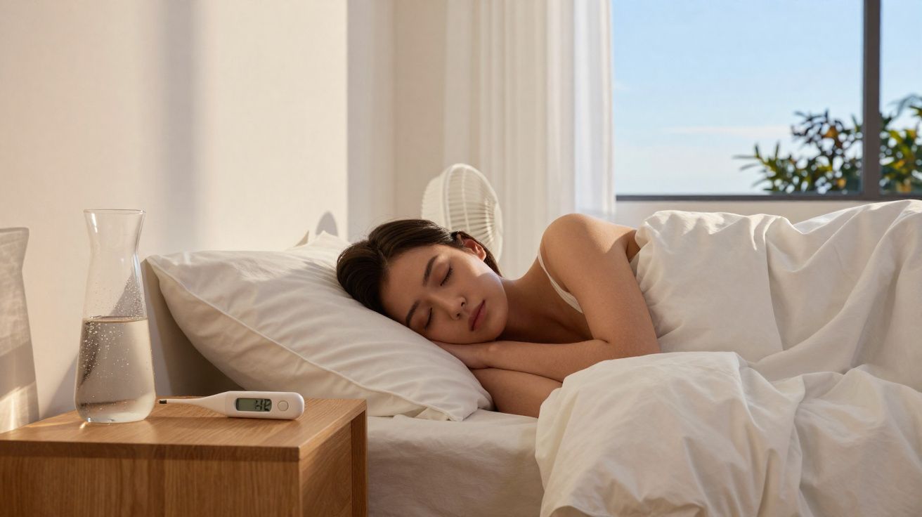 Mulher dormindo em cama branca ao lado de mesa com garrafa d'água e termômetro digital.