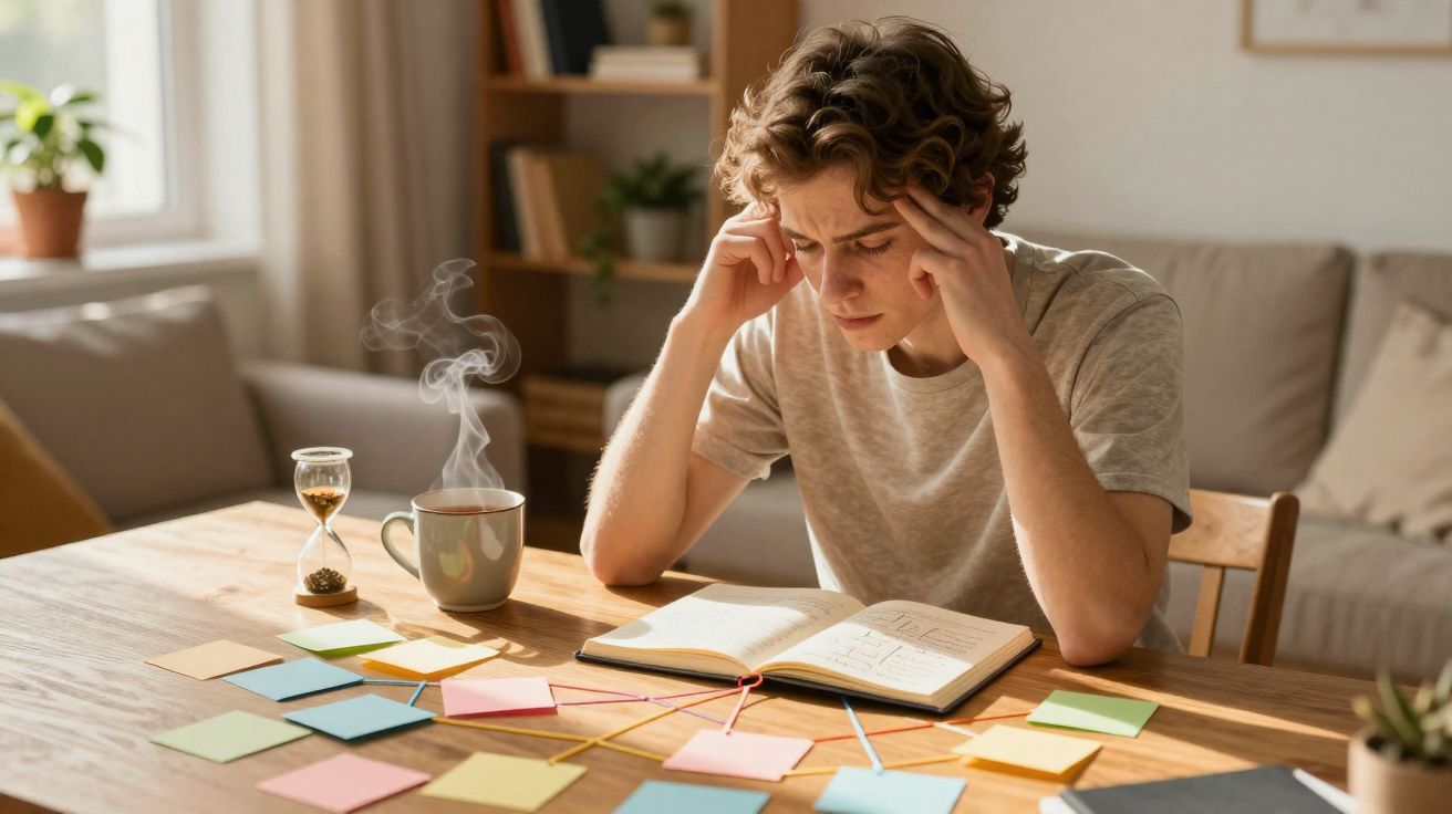 Jovem pensativo estudando com caderno aberto e notas coloridas sobre a mesa iluminada pela luz natural.