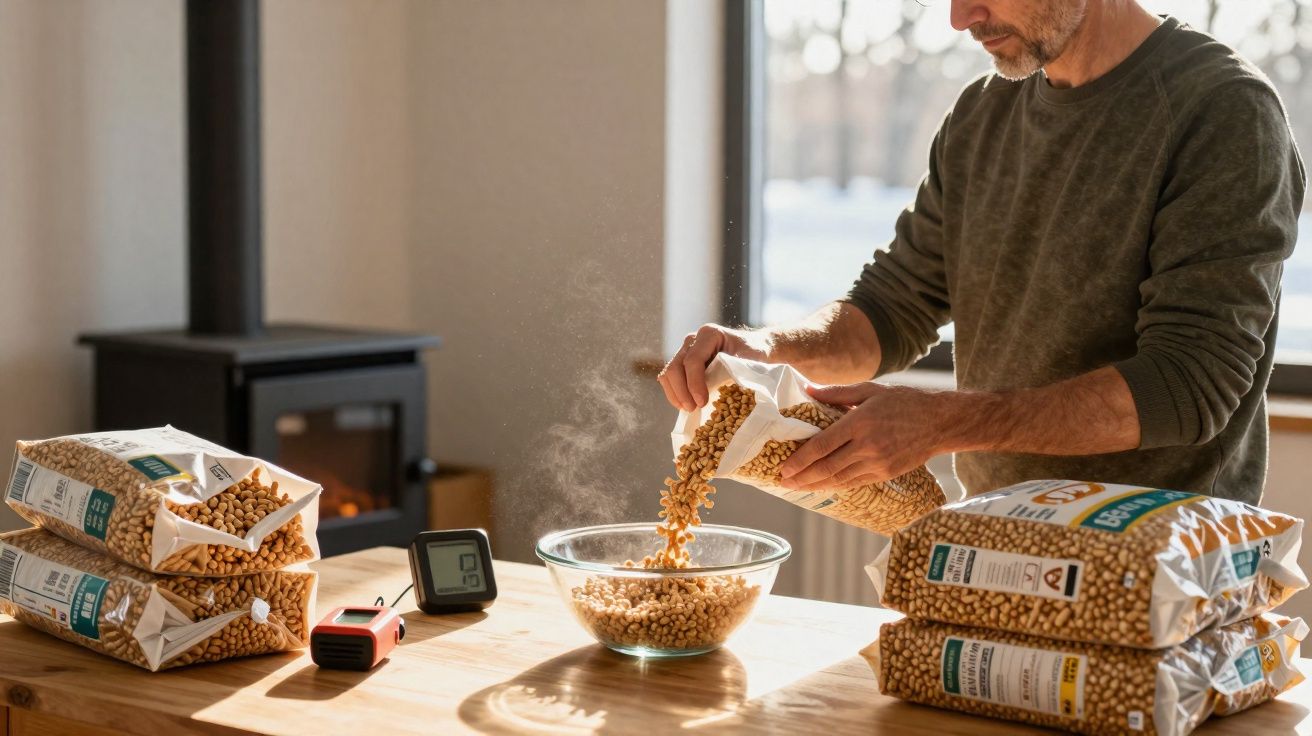 Homem despejando grãos em tigela de vidro em mesa com vários pacotes de soja e medidores ao lado.