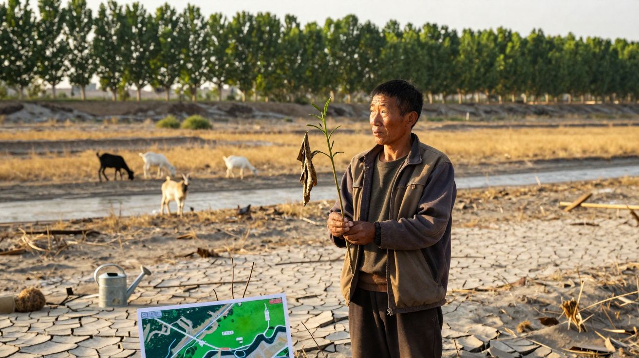 Homem em terreno seco e rachado segurando planta murcha, com cabras ao fundo e mapa no chão.
