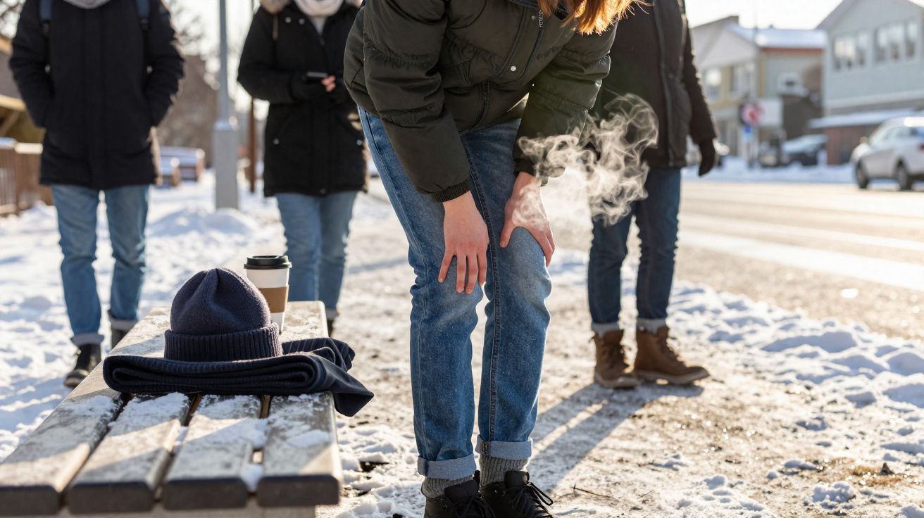 Pessoa vestindo roupas de inverno segura o joelho com vapor saindo, ao ar livre na neve.