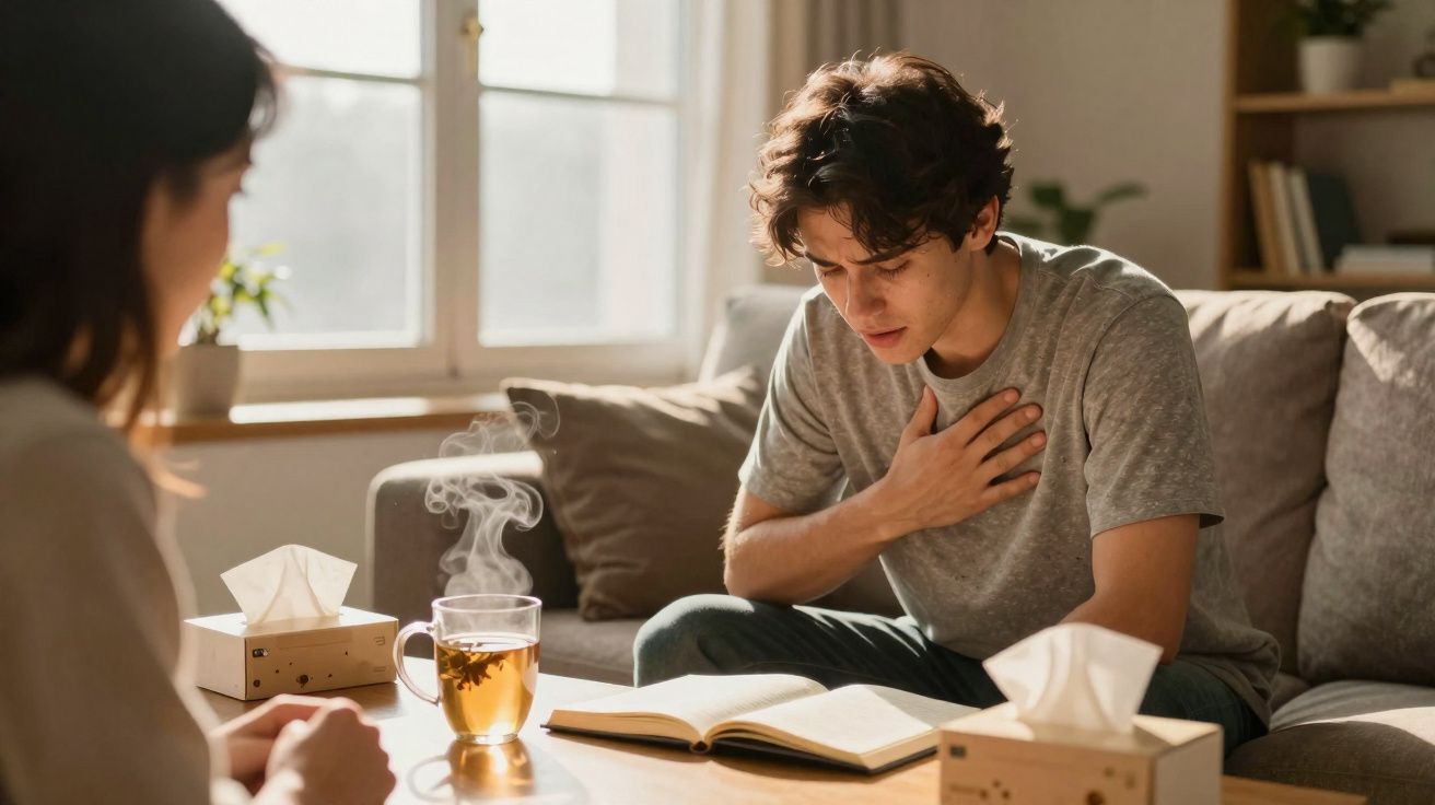 Jovem sentado no sofá com mão no peito, lendo um livro, ao lado de uma pessoa e xícara de chá com vapor.