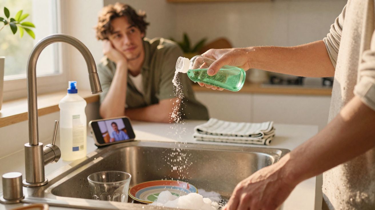 Pessoa despejando detergente na pia da cozinha enquanto outra olha distraída ao fundo.