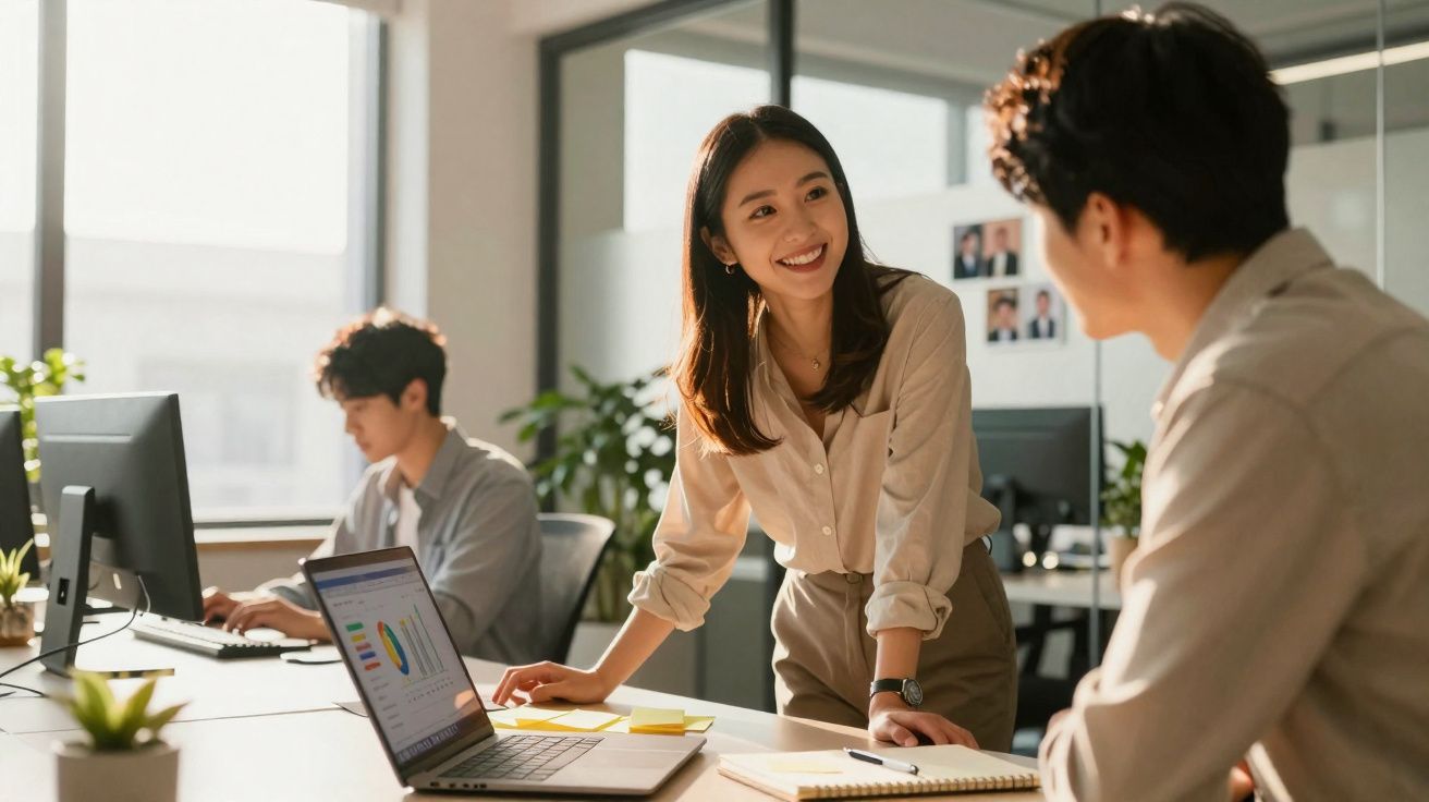 Três jovens trabalhando juntos em escritório moderno com laptops, conversando e sorrindo.