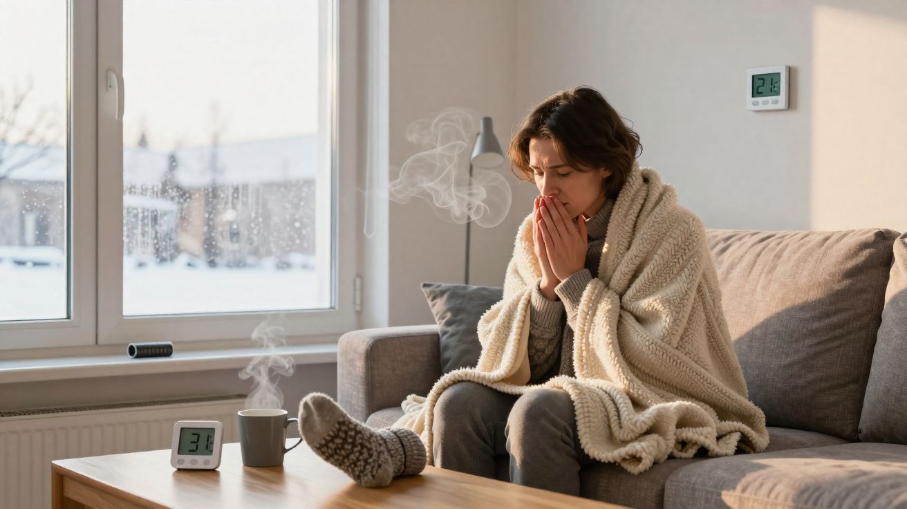 Mulher doente com xale sentada no sofá, tossindo, junto à janela com vista para a neve.