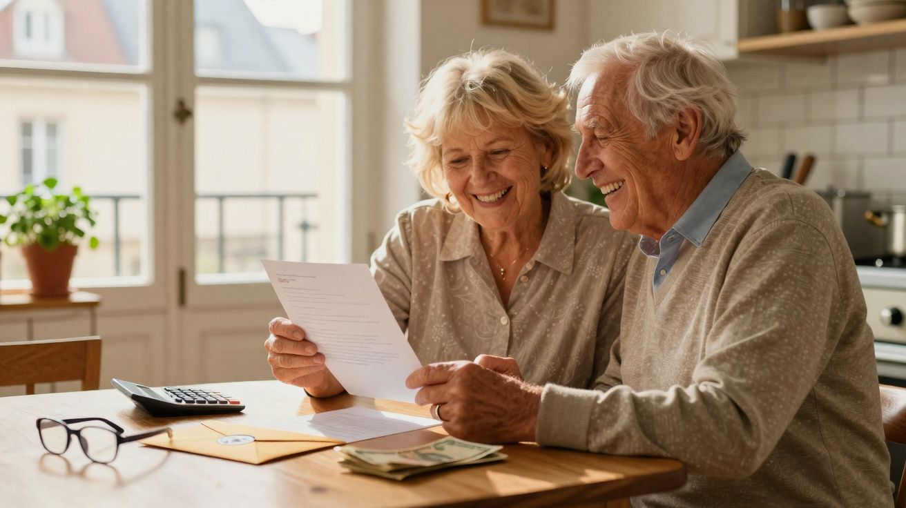 Casal idoso sorrindo ao ler documento em casa, com dinheiro e calculadora na mesa à sua frente.