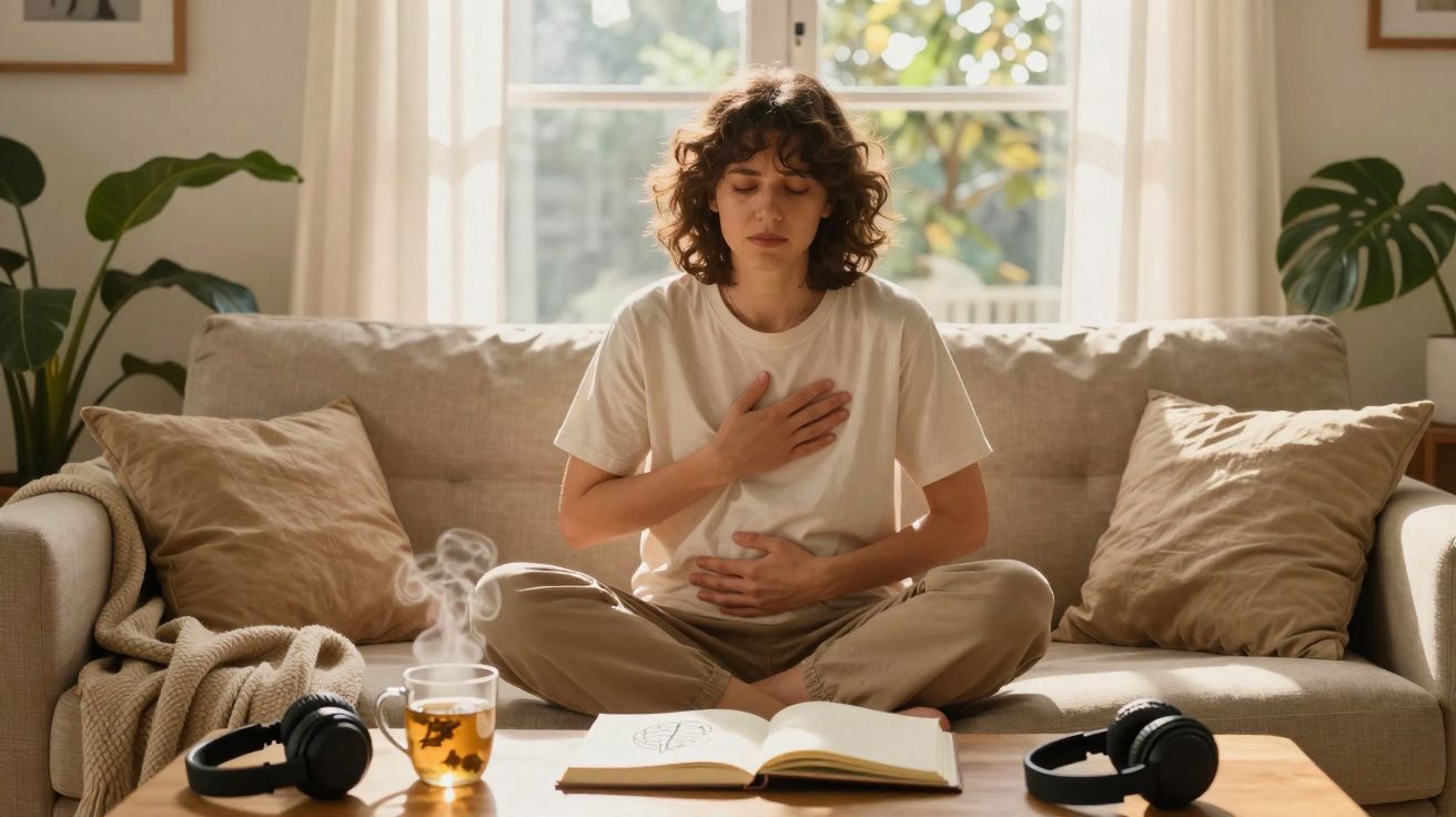 Mulher sentada no sofá meditando com olhos fechados, mão no peito e no estômago, chá e livro à frente.