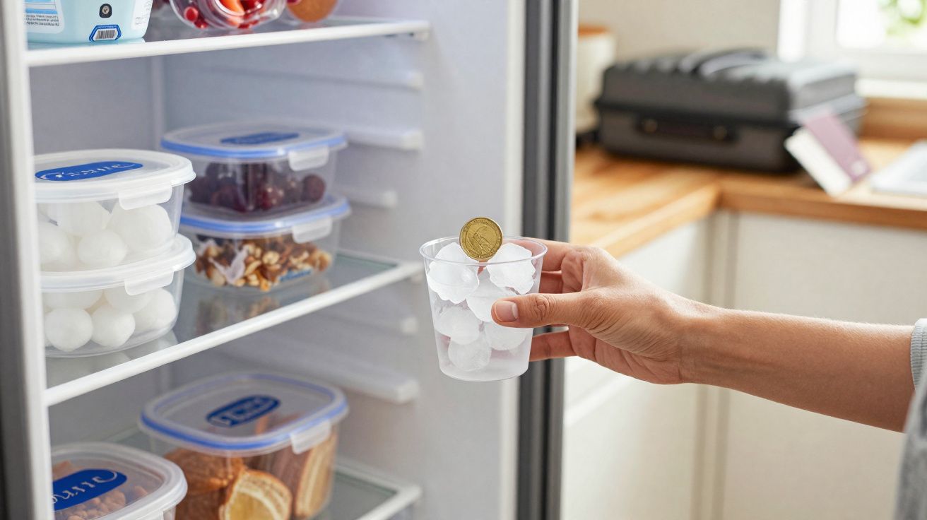 Mão segurando copo com cubos de gelo e moeda, em frente à geladeira aberta com potes plásticos.