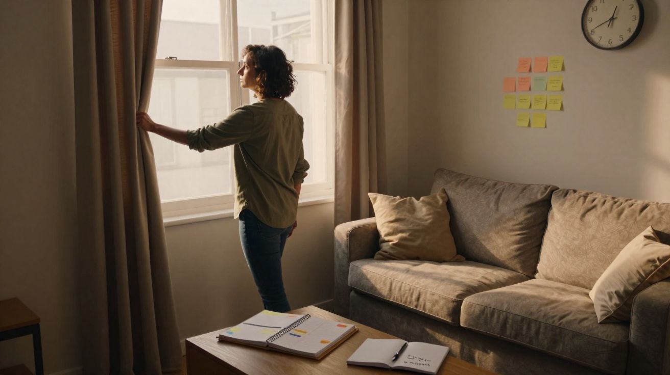 Mulher olhando pela janela em sala com sofá, mesa de centro com cadernos e relógio na parede.
