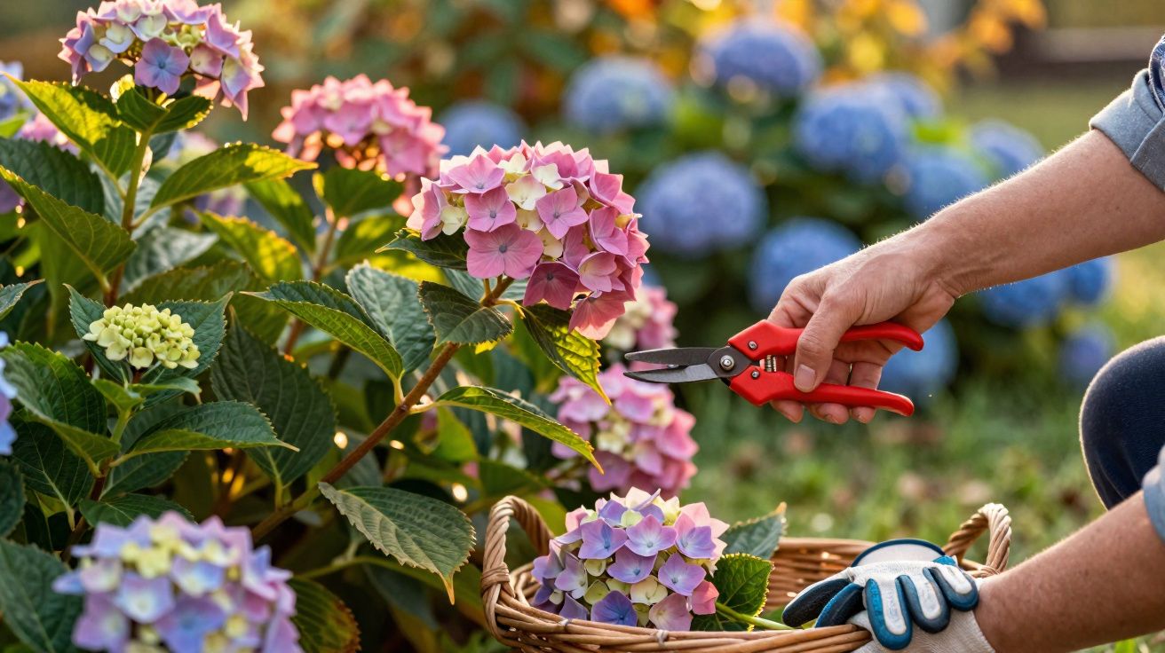 Pessoa colhendo flores de hortênsia rosa com tesoura de poda em cesta no jardim iluminado pelo sol.