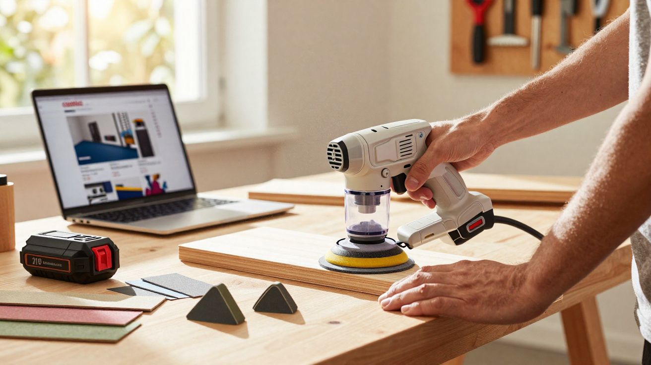 Pessoa usando lixadeira elétrica branca para lixar tábua de madeira em bancada com laptop ao fundo.