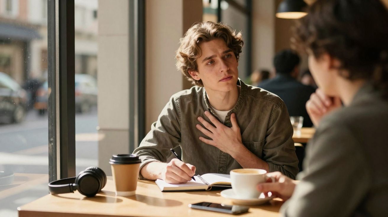 Homem jovem conversando com outra pessoa em cafeteria, escrevendo em caderno e com fone e café na mesa.