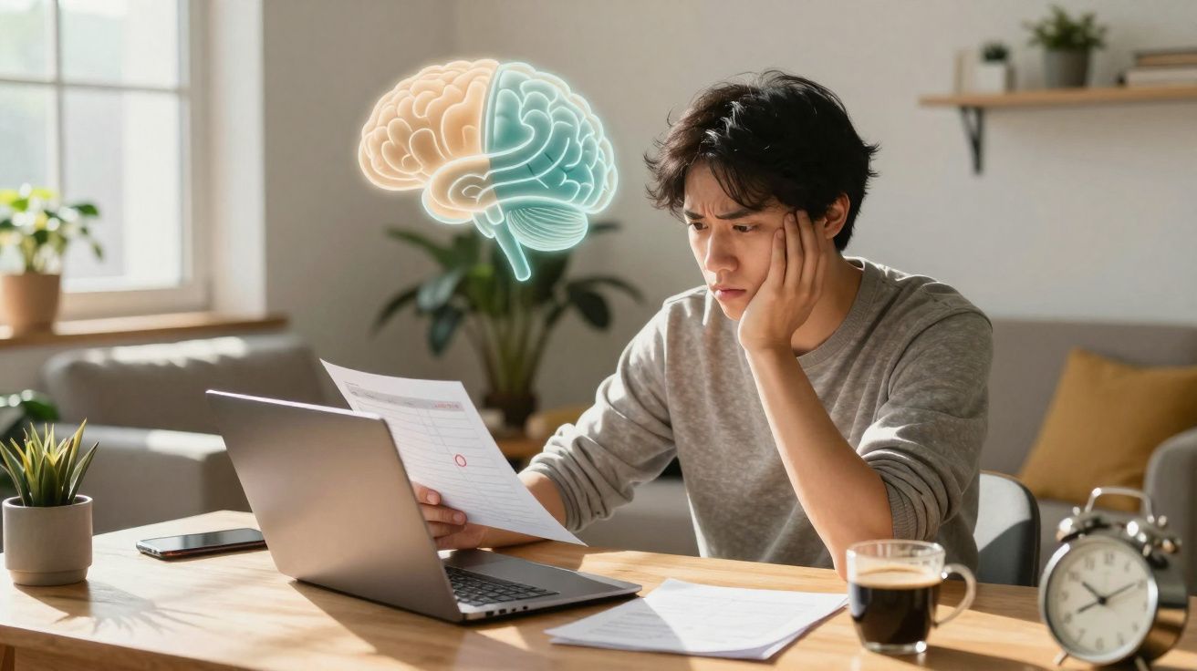 Jovem concentrado lendo documentos em casa, ao lado de laptop, café e ilustração de cérebro flutuante.