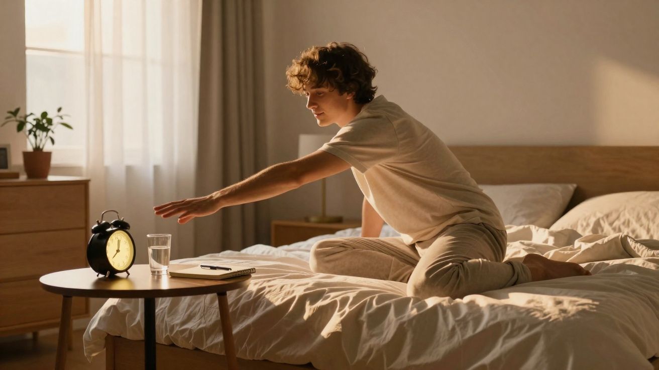 Jovem sentado na cama estendendo a mão para desligar o despertador em um quarto iluminado pelo sol.