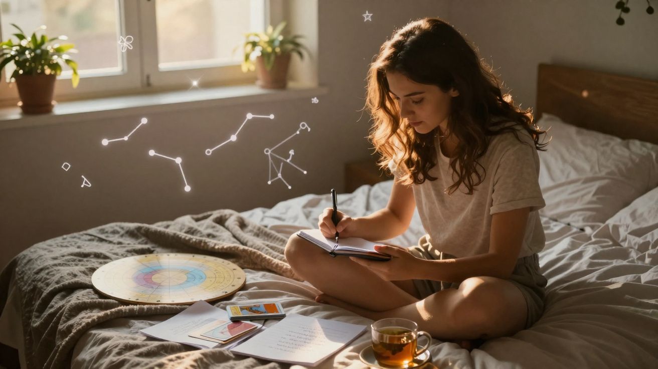 Jovem mulher sentada na cama escrevendo em caderno, com cartas de tarô, chá e mandalas ao redor.