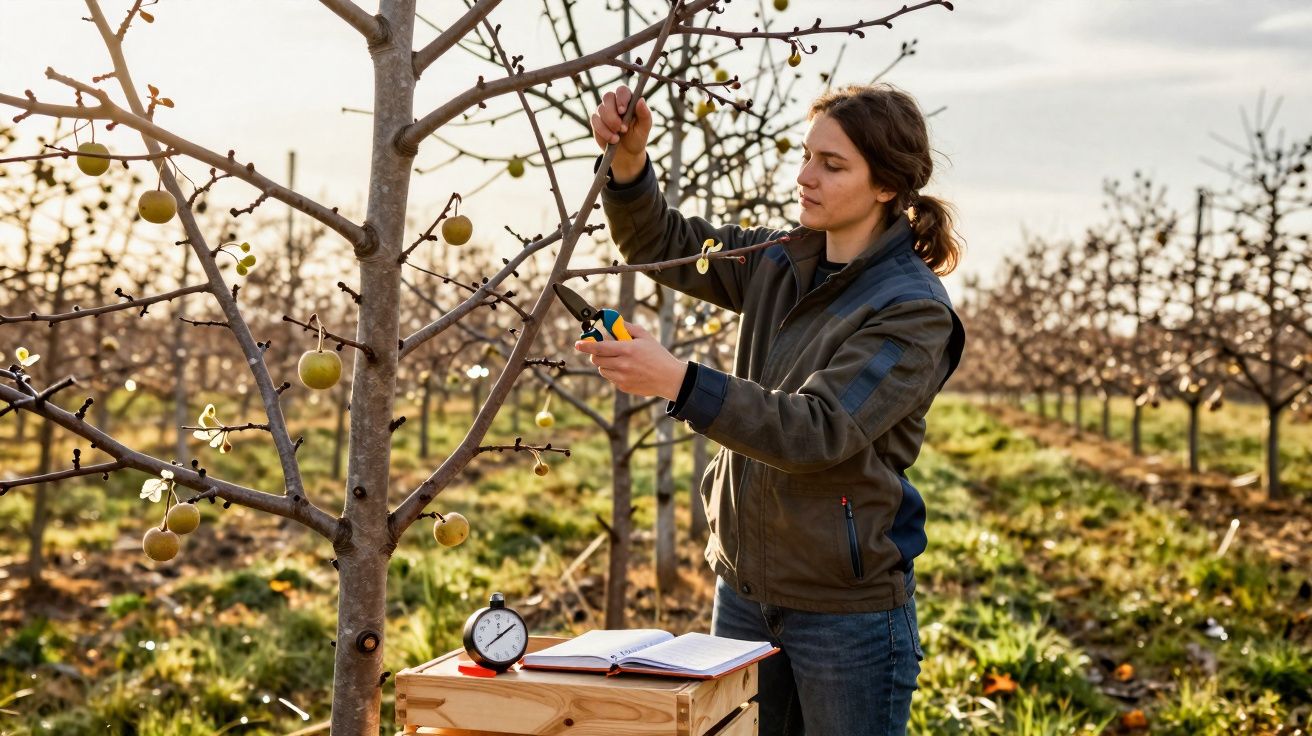 Mulher podando galho de árvore frutífera em pomar com prancheta e relógio na mesa.