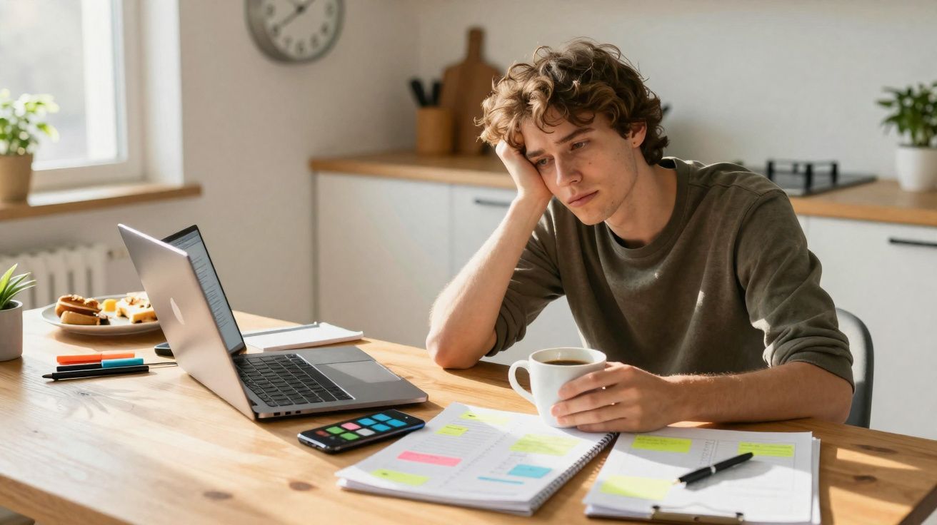 Jovem concentrado e cansado sentado à mesa com laptop, caderno, canetas e segurando uma xícara em ambiente iluminado.