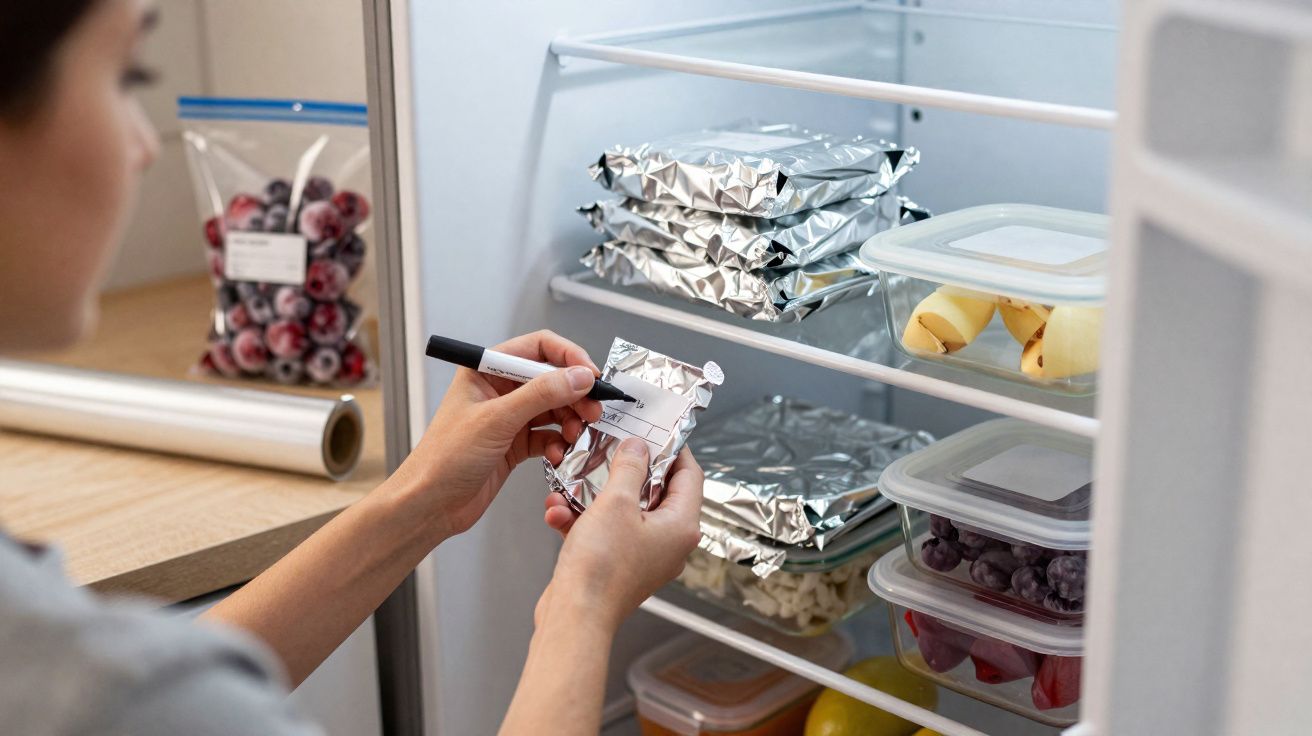 Pessoa etiquetando alimentos com marcador em embalagem de alumínio dentro de geladeira organizada.