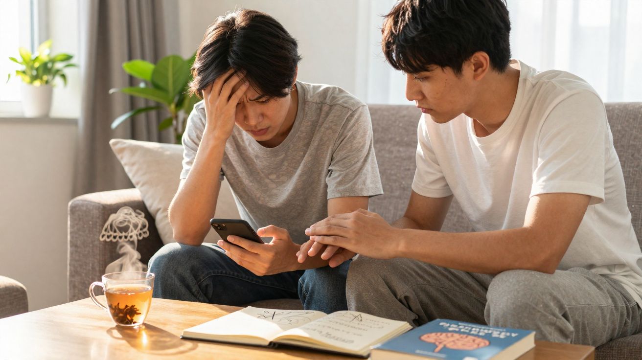 Duas pessoas sentadas no sofá, uma está preocupada olhando o celular e a outra tenta ajudar.