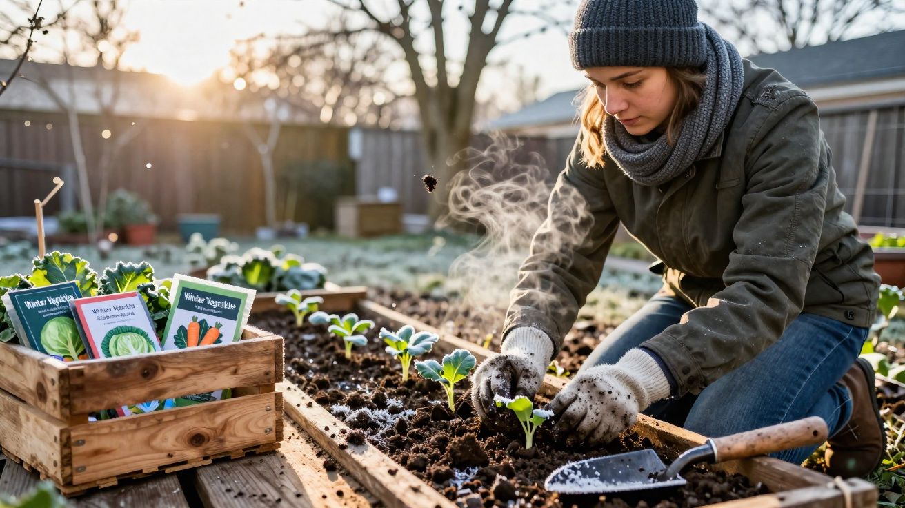 Mulher plantando mudas em canteiro elevado em manhã fria, com vapor saindo do solo.