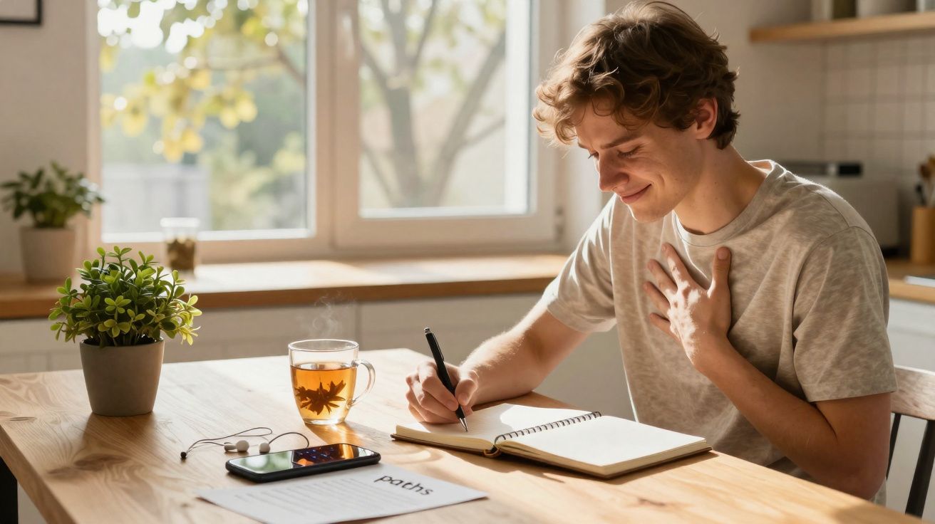 Jovem sorrindo escreve em caderno sentado à mesa com chá, fones e celular em ambiente iluminado.