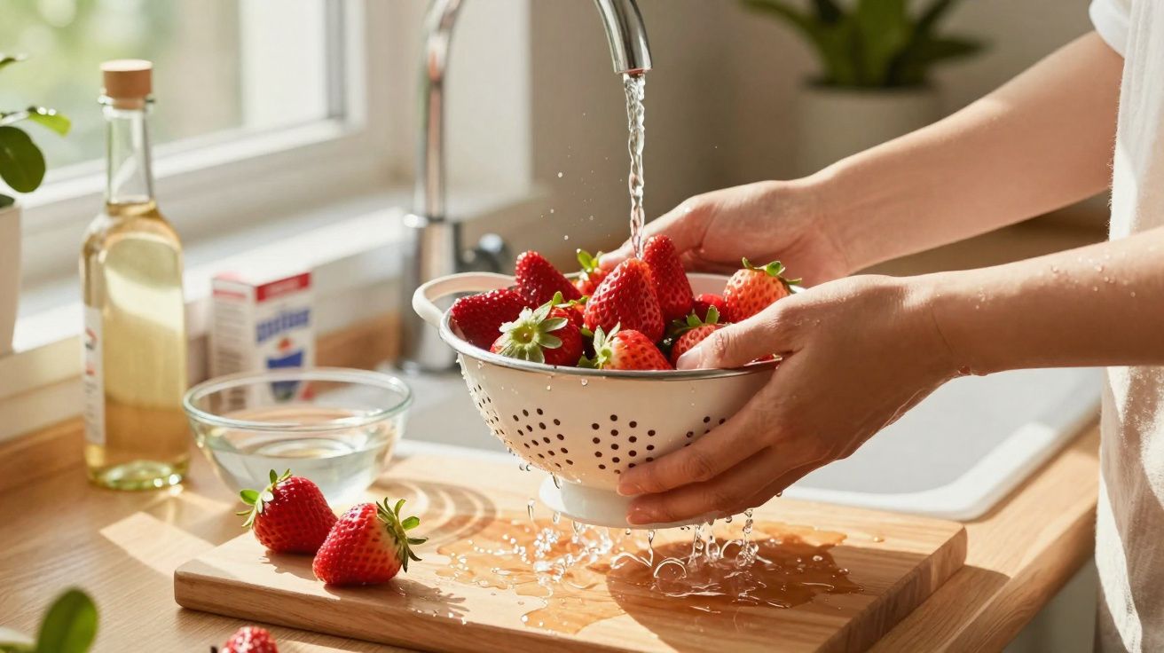 Mãos lavando morangos em uma peneira sob torneira na cozinha com luz natural pela janela.