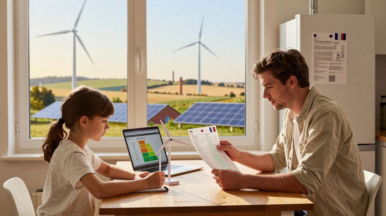 Homem e menina analisam contas e dados de energia renovável em mesa perto de janela com turbinas e painéis solares.
