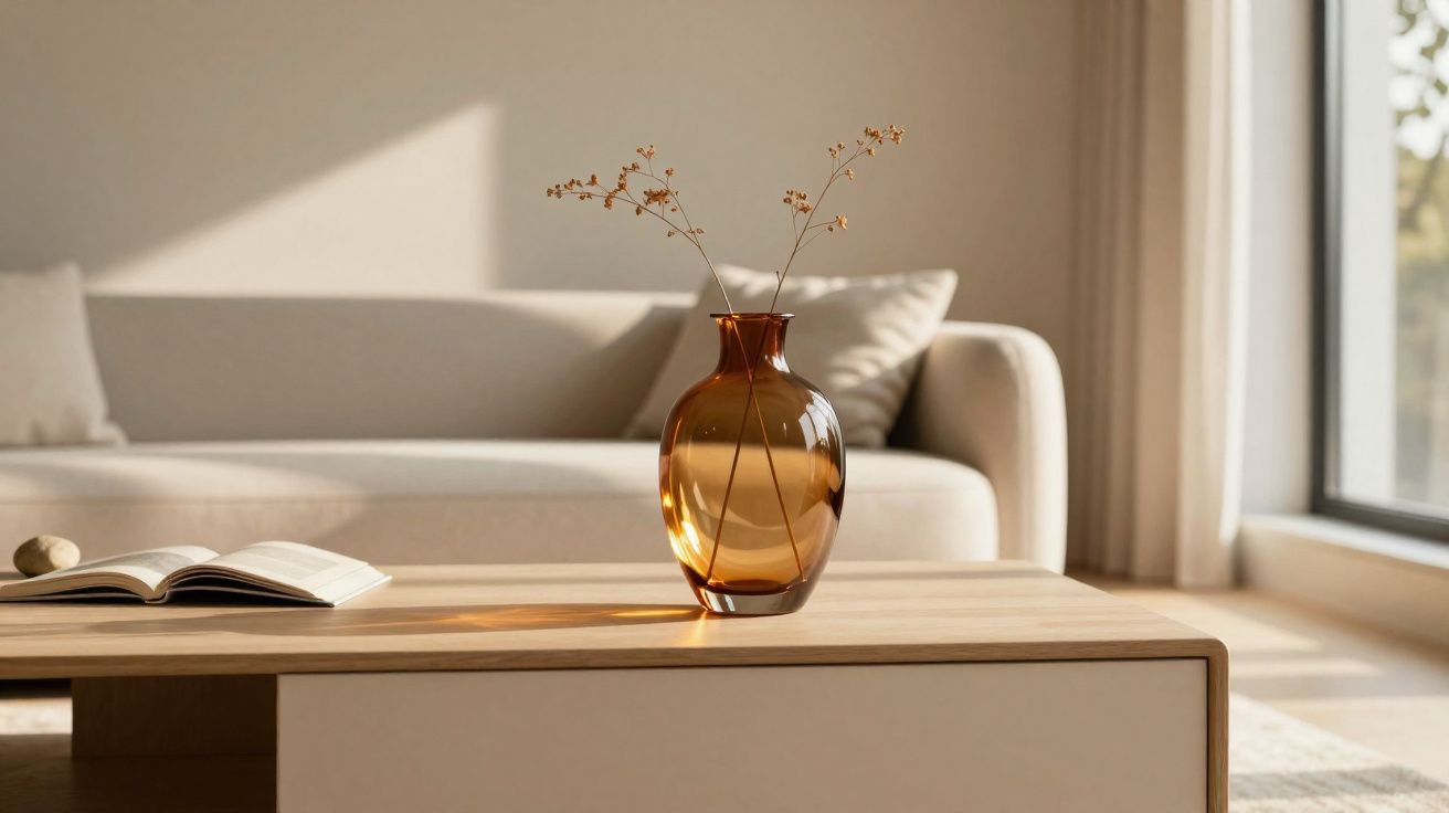 Vaso âmbar com galhos secos em mesa de centro de madeira, sofá bege e livro aberto ao fundo.