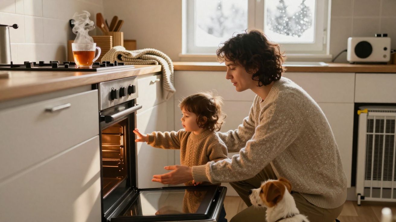 Mulher e criança olhando forno aberto na cozinha com cachorro observando sentando no chão.
