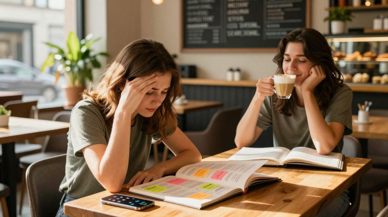 Duas mulheres sentadas em um café, uma estressada estudando e outra sorrindo tomando café.