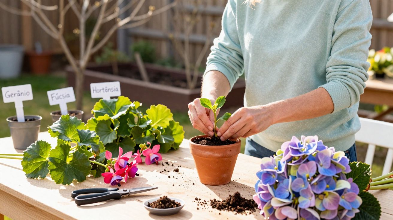 Pessoa plantando muda em vaso de barro em mesa com flores e etiquetas de plantas diversas ao redor.