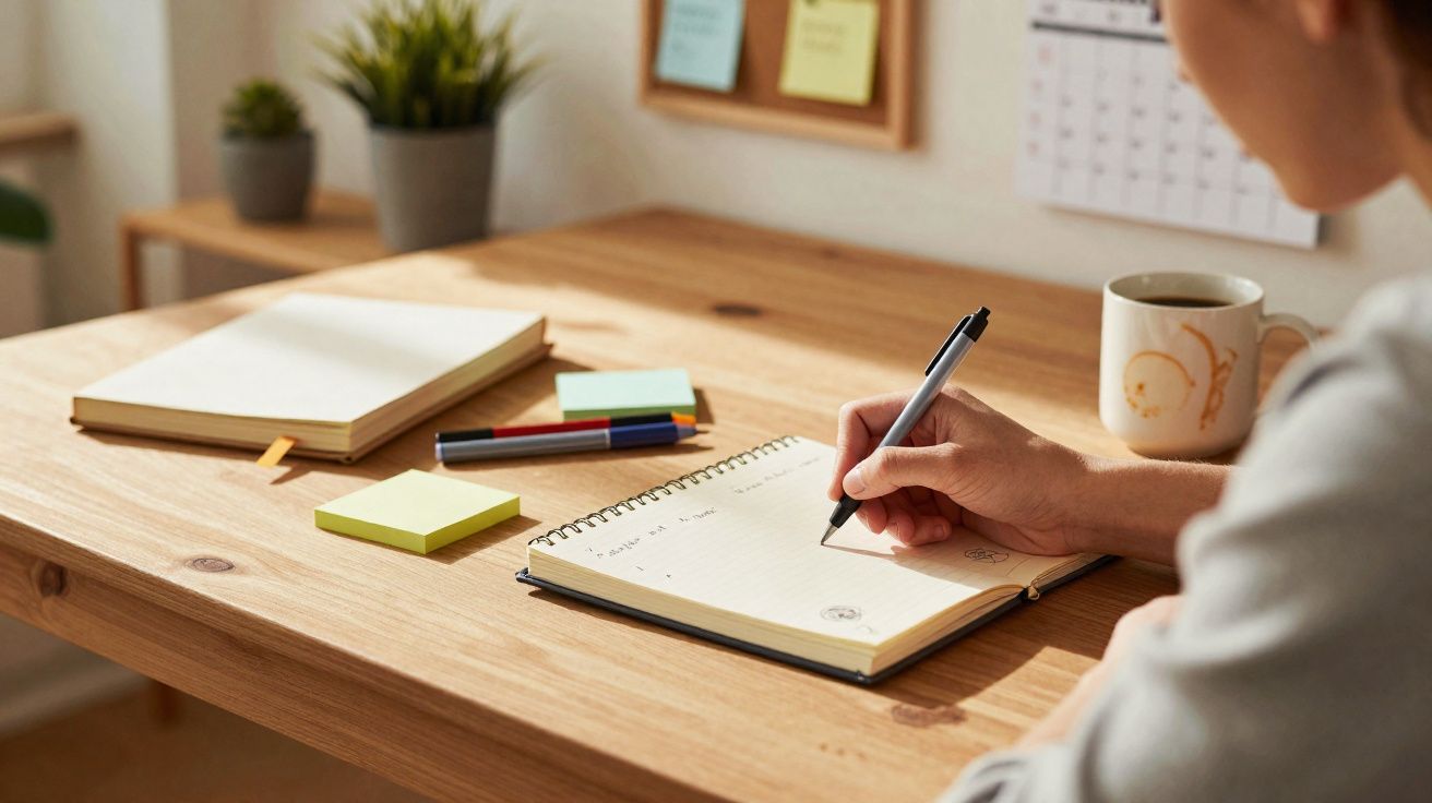 Pessoa escrevendo em caderno em mesa de madeira com canecas, plantas e post-its ao redor