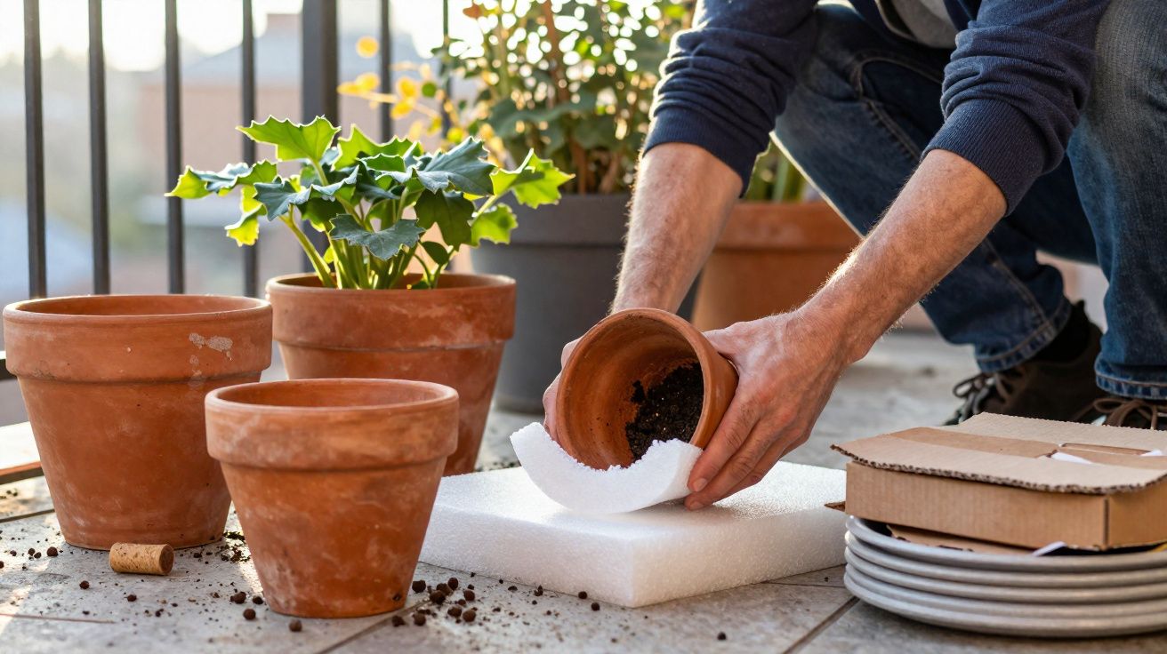 Pessoa preparando vasos de barro com plantas e terra em varanda iluminada pelo sol da manhã.