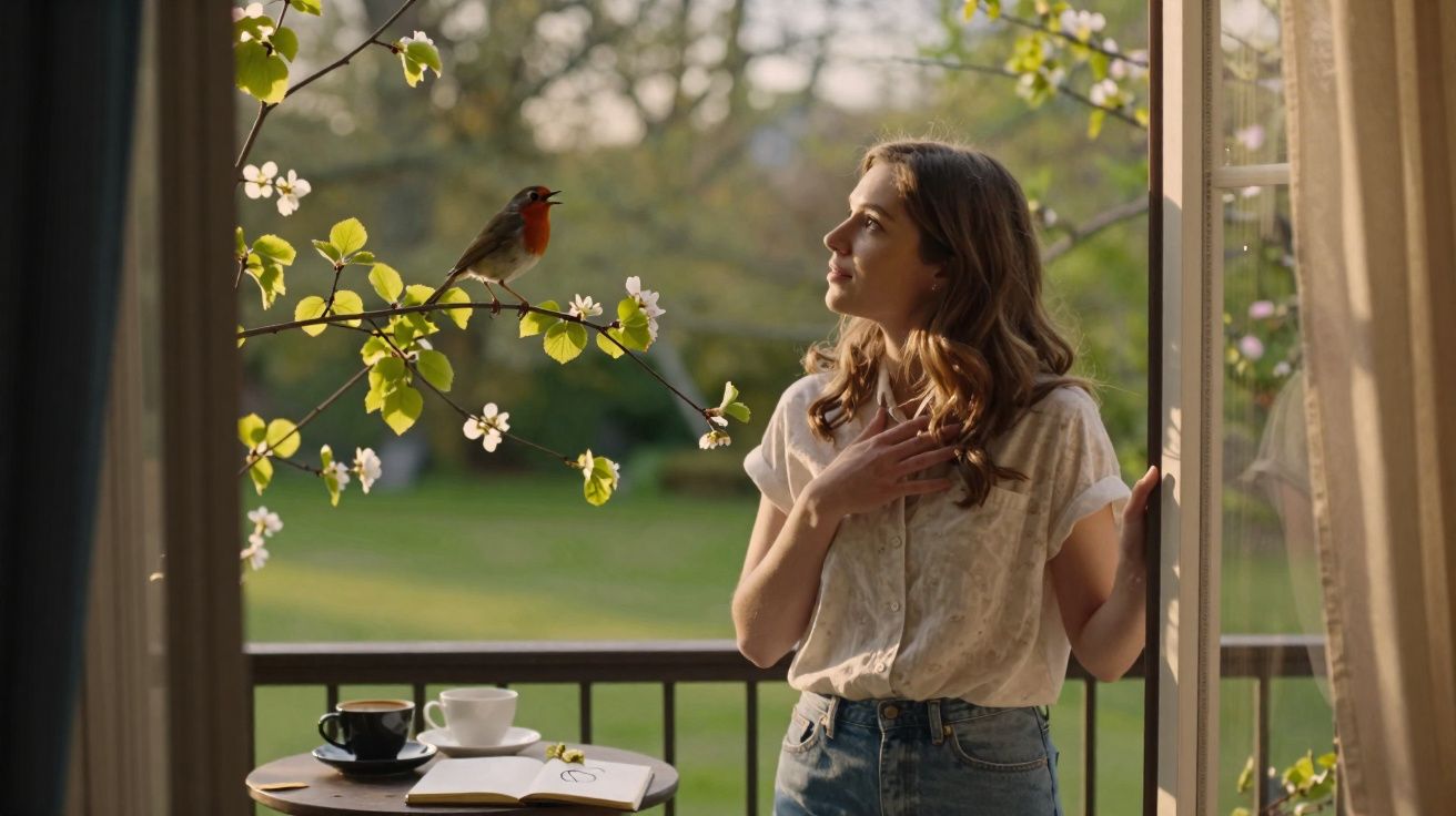 Mulher observa pássaro pousado em galho florido na varanda durante o dia.