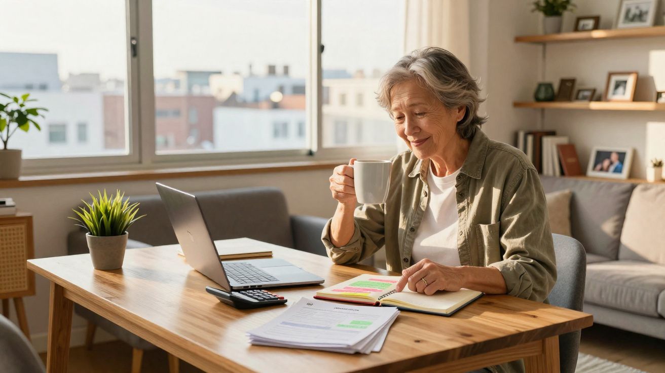 Mulher idosa sentada à mesa com laptop, anotando em caderno e tomando café em ambiente iluminado.