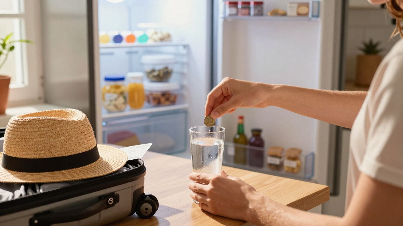 Pessoa colocando moeda em copo de água ao lado de mala com chapéu em cozinha iluminada.
