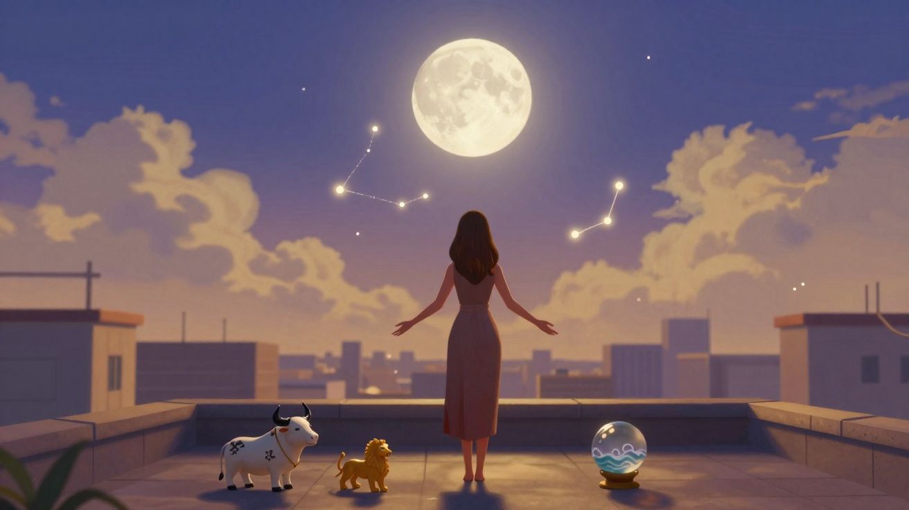 Mulher em telhado ao anoitecer com lua cheia, constelações iluminadas e miniaturas de boi, leão e globo.