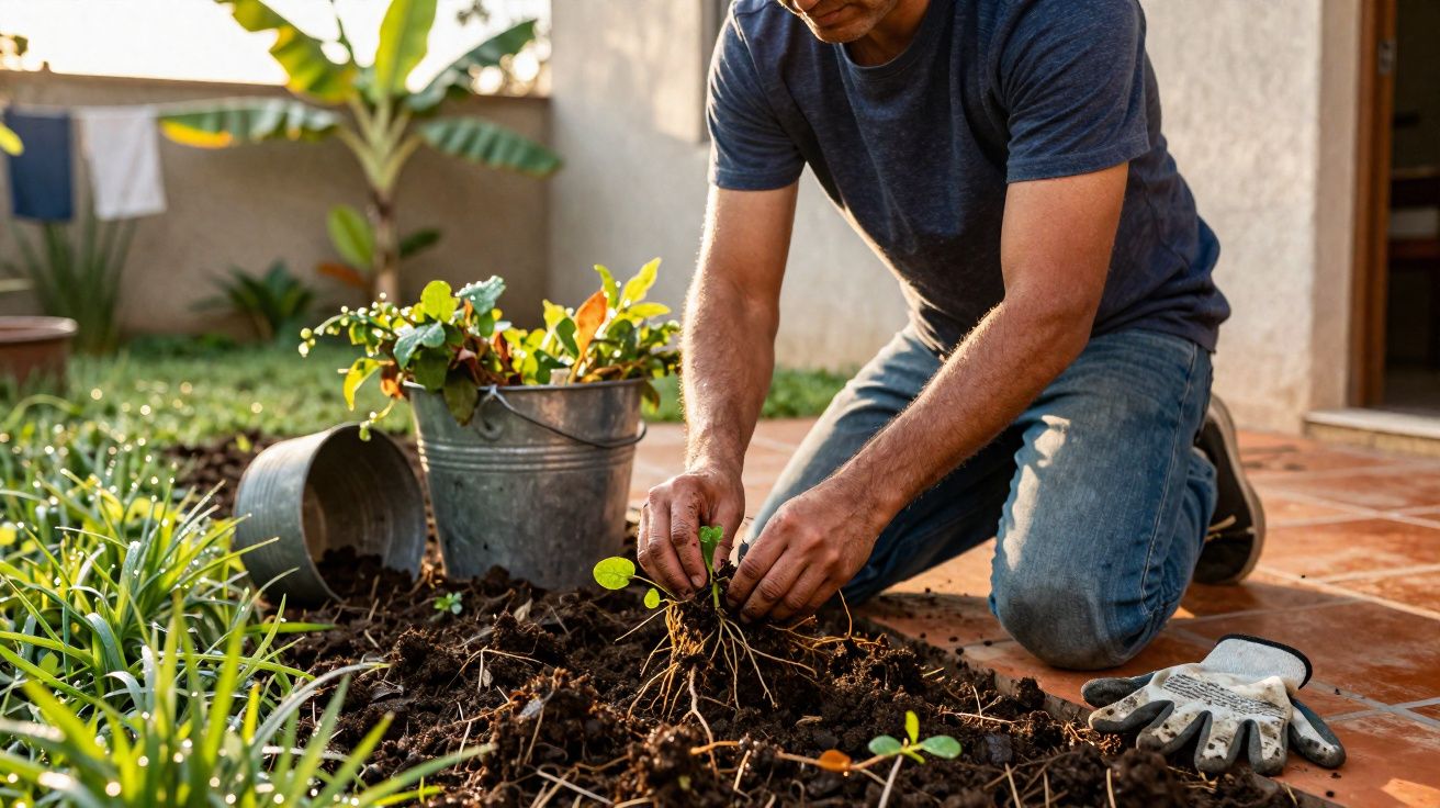 Homem ajoelhado plantando mudas em jardim com luvas de jardinagem ao lado durante o dia.