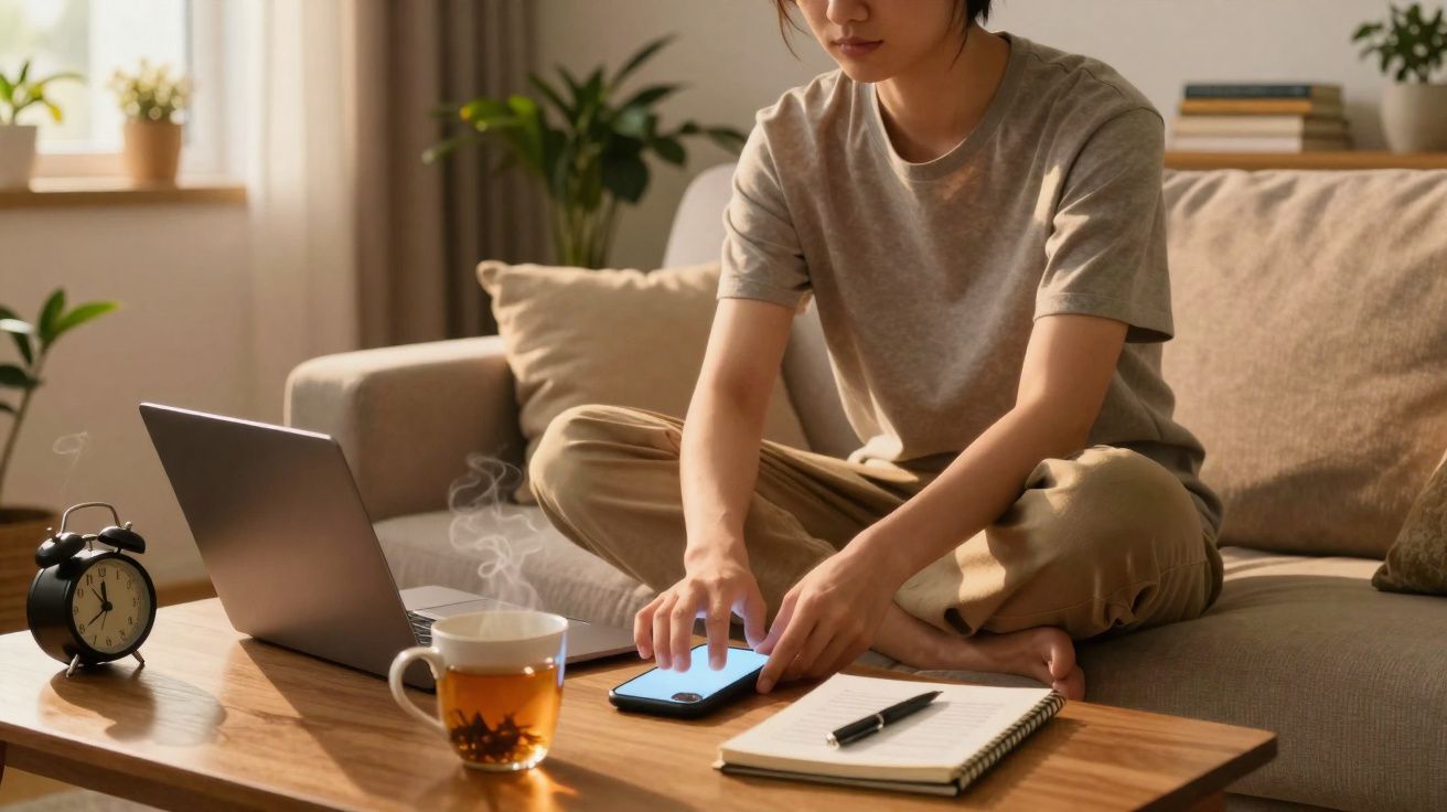 Pessoa sentada no sofá usando celular, com notebook, caderno, caneta, relógio e chá na mesa à frente.