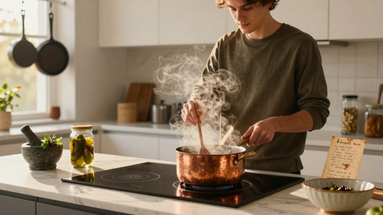 Jovem cozinha mexendo panela de cobre fumegante em fogão elétrico moderno na cozinha clara.