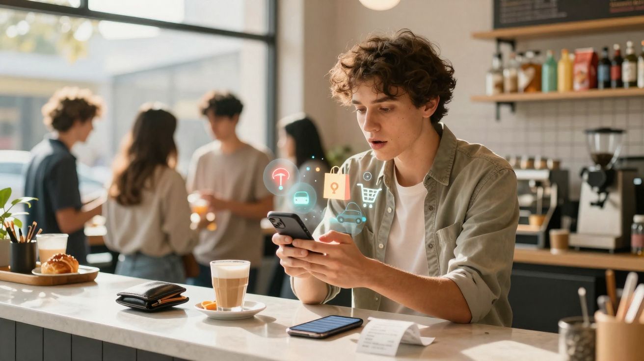 Jovem em cafeteria usando smartphone com ícones digitais de compras e localização flutuando acima.