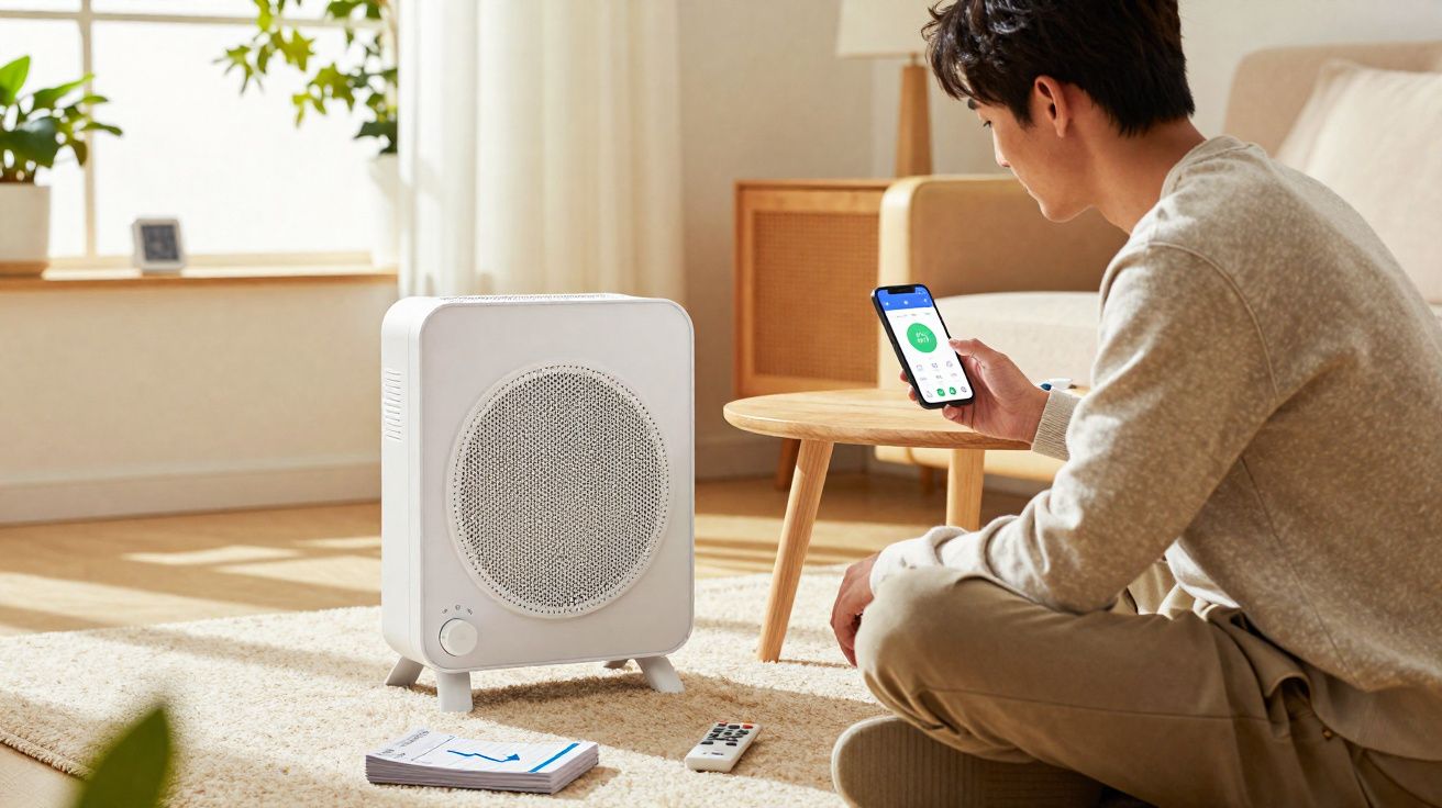 Homem sentado no chão controlando aquecedor branco com celular em sala iluminada.