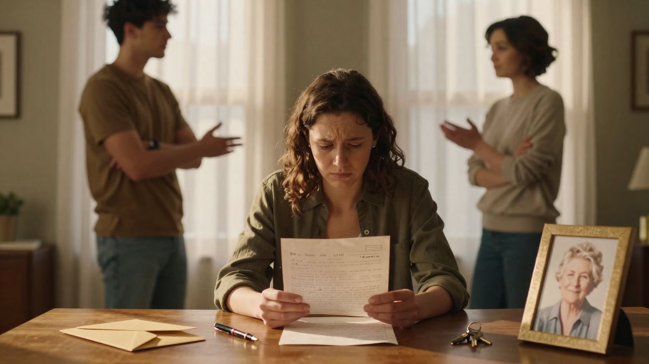 Mulher preocupada lendo carta enquanto casal discute ao fundo em ambiente de sala iluminada.