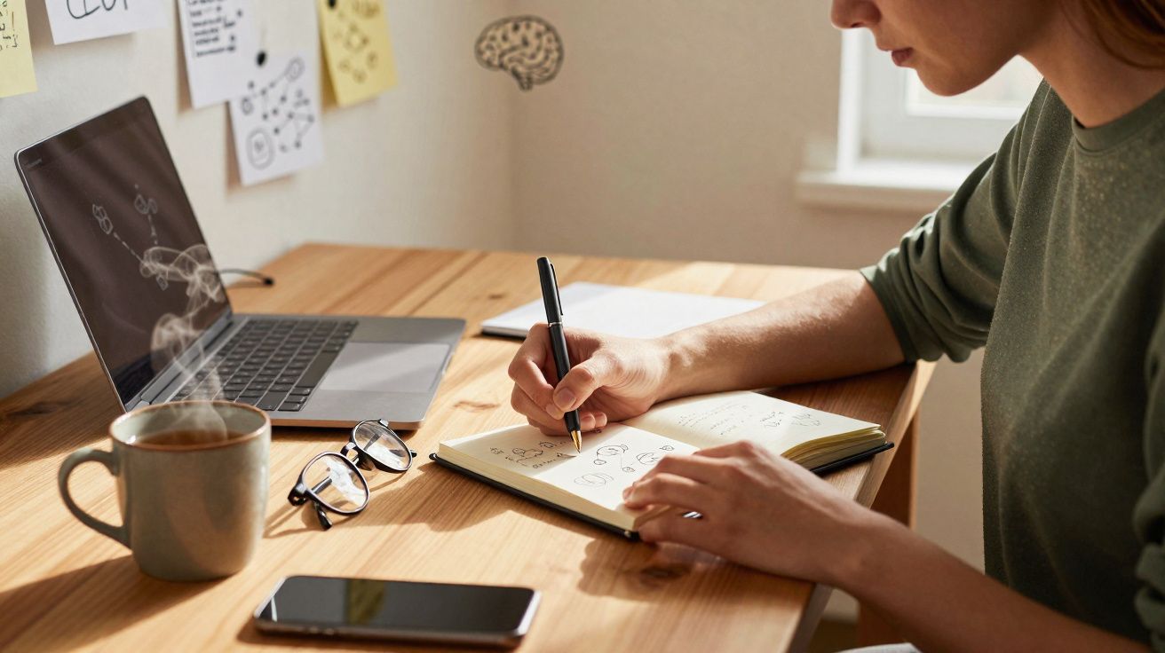 Pessoa escrevendo em caderno em mesa com notebook, óculos, celular e xícara de café fumegante.