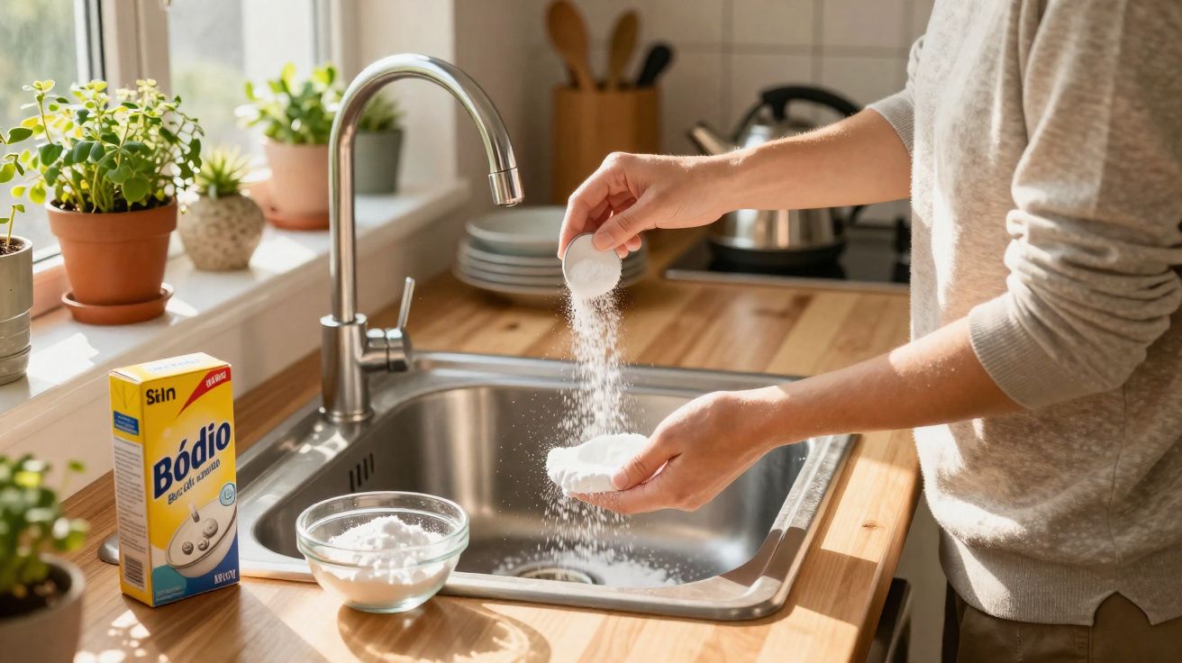 Pessoa despejando pó branco em uma esponja sobre a pia da cozinha com caixa de Bódi0 ao lado.