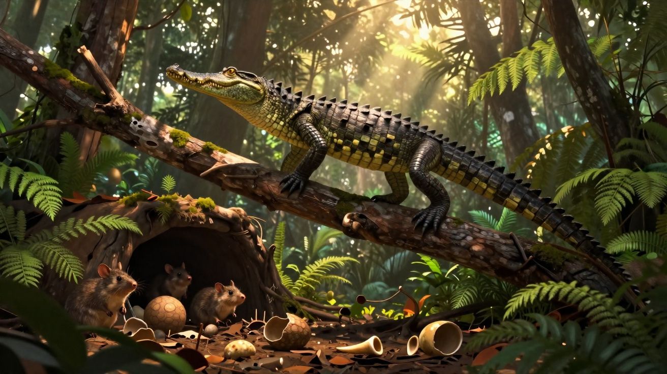Jacaré pequeno em tronco inclinado na floresta com três camundongos perto da toca e ovos quebrados no chão.