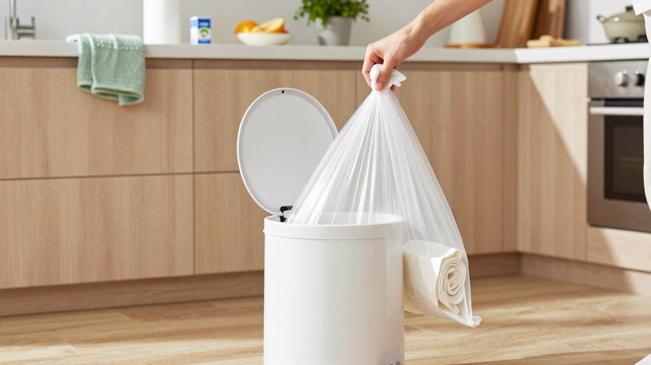 Mão descartando saco de lixo branco em lixeira branca na cozinha com armários de madeira clara.